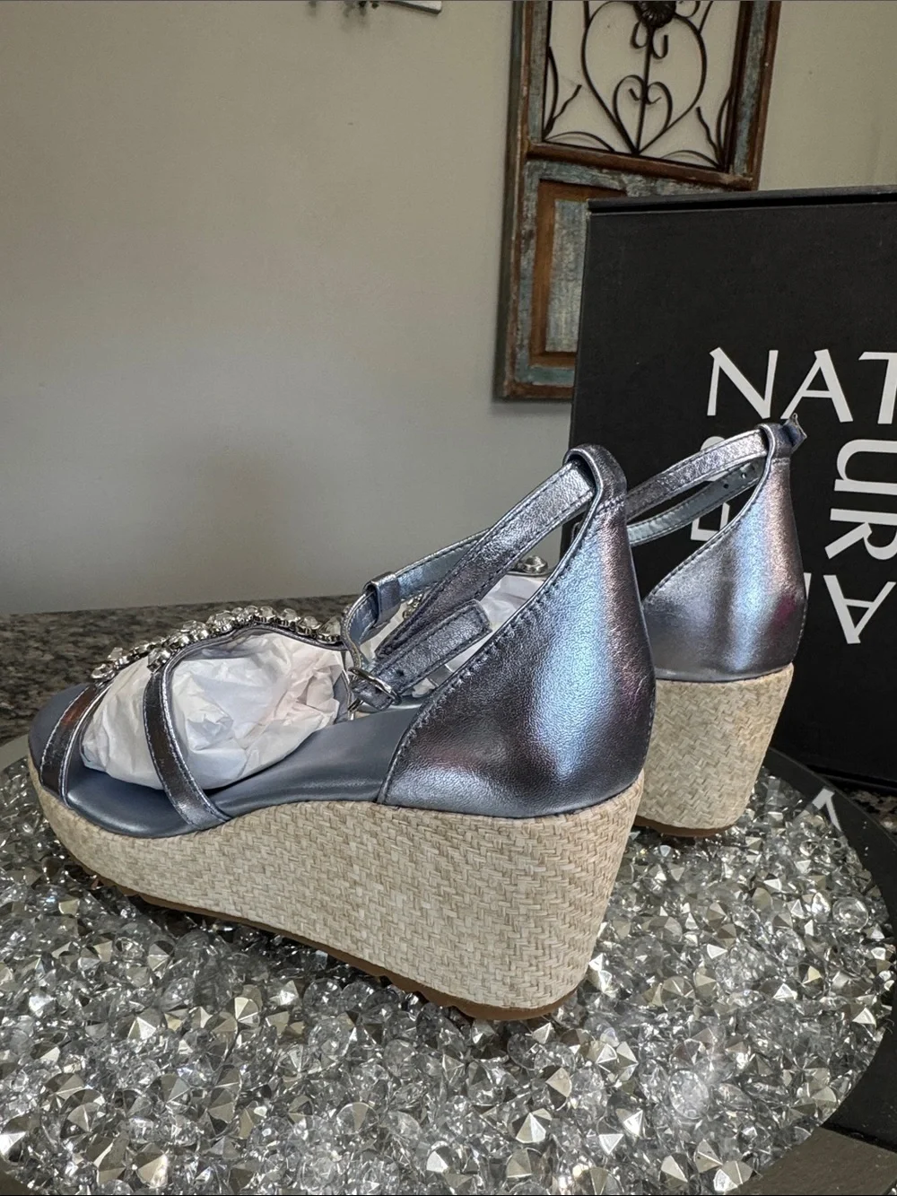 Naturalizer Serena Metallic blue Silver Jeweled Wedge Sandals NEW 8.5